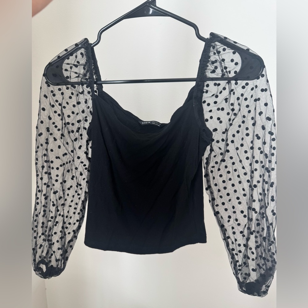 SHEIN Black Mesh Polka Dot Blouse